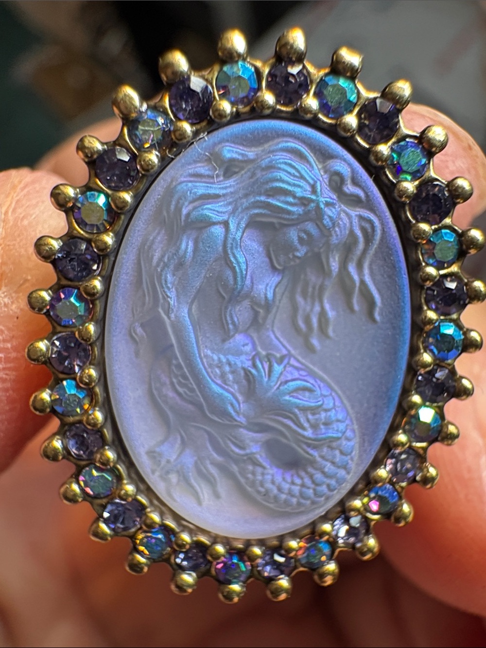 Kirks Folly Purple Mermaid Cameo Ring with Iridescent and Purple Stones